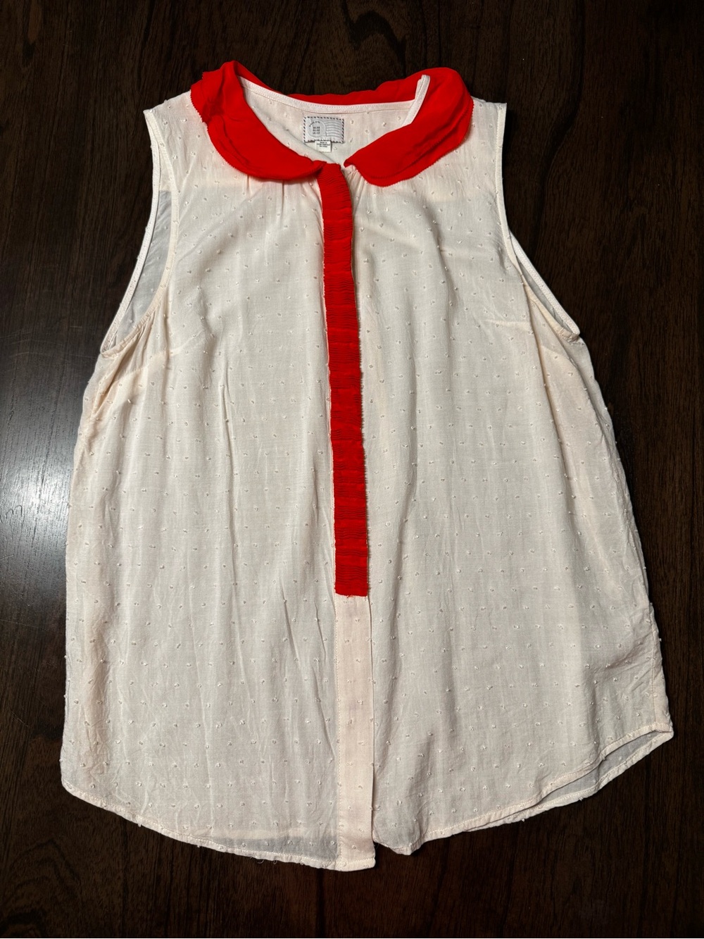Anthropologie Cream Sleeveless Blouse with Red Collar and Placket